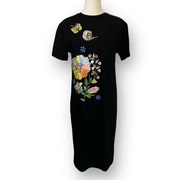 Cynthia Rowley | Dresses | Cynthia Rowley Black Short Sleeve Embroidered  Sequin Jersey Tshirt Midi Dress | Poshmark